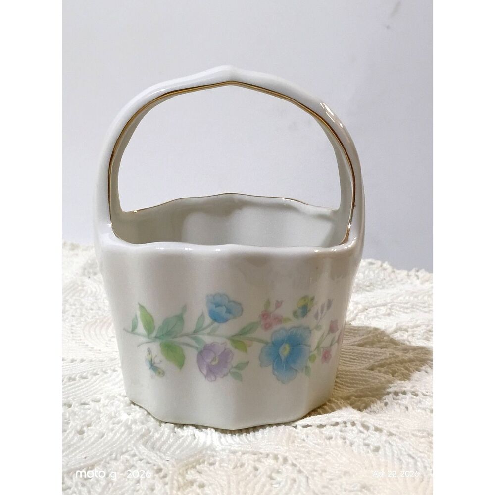 Porcelain Basket decorated with a colorful floral pattern delicate gold trim~VTG